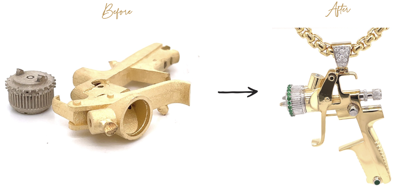 Before and After. Custom gold pendant transformed from dull to brilliant.
