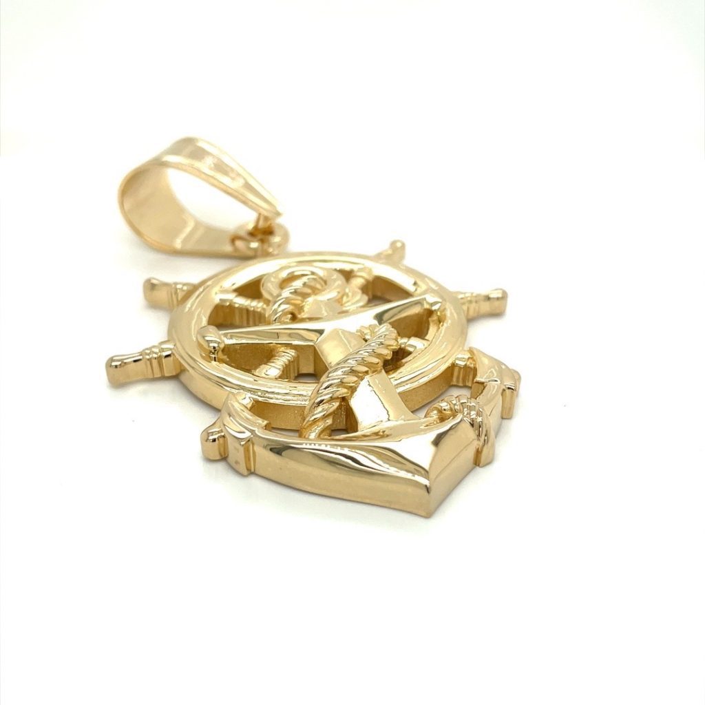 Frontal view of a pendant featuring a ship's helm with an anchor.